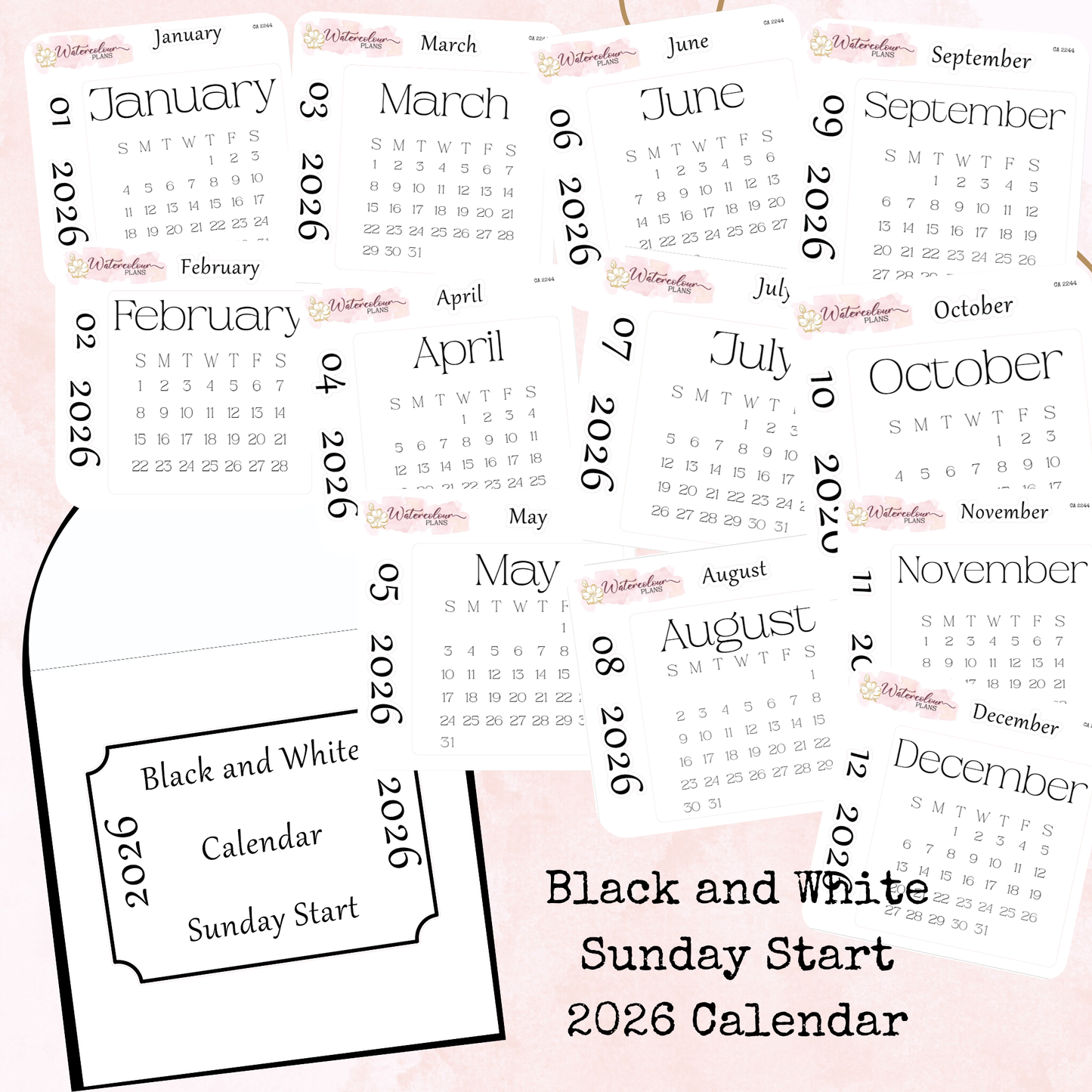 Monthly Calendar 2026 - Sunday Start - Black and White - Planner and Journal Stickers - Stationery