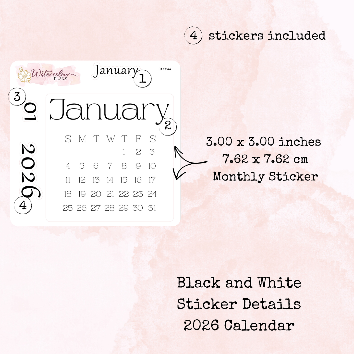 Monthly Calendar 2026 - Sunday Start - Black and White - Planner and Journal Stickers - Stationery