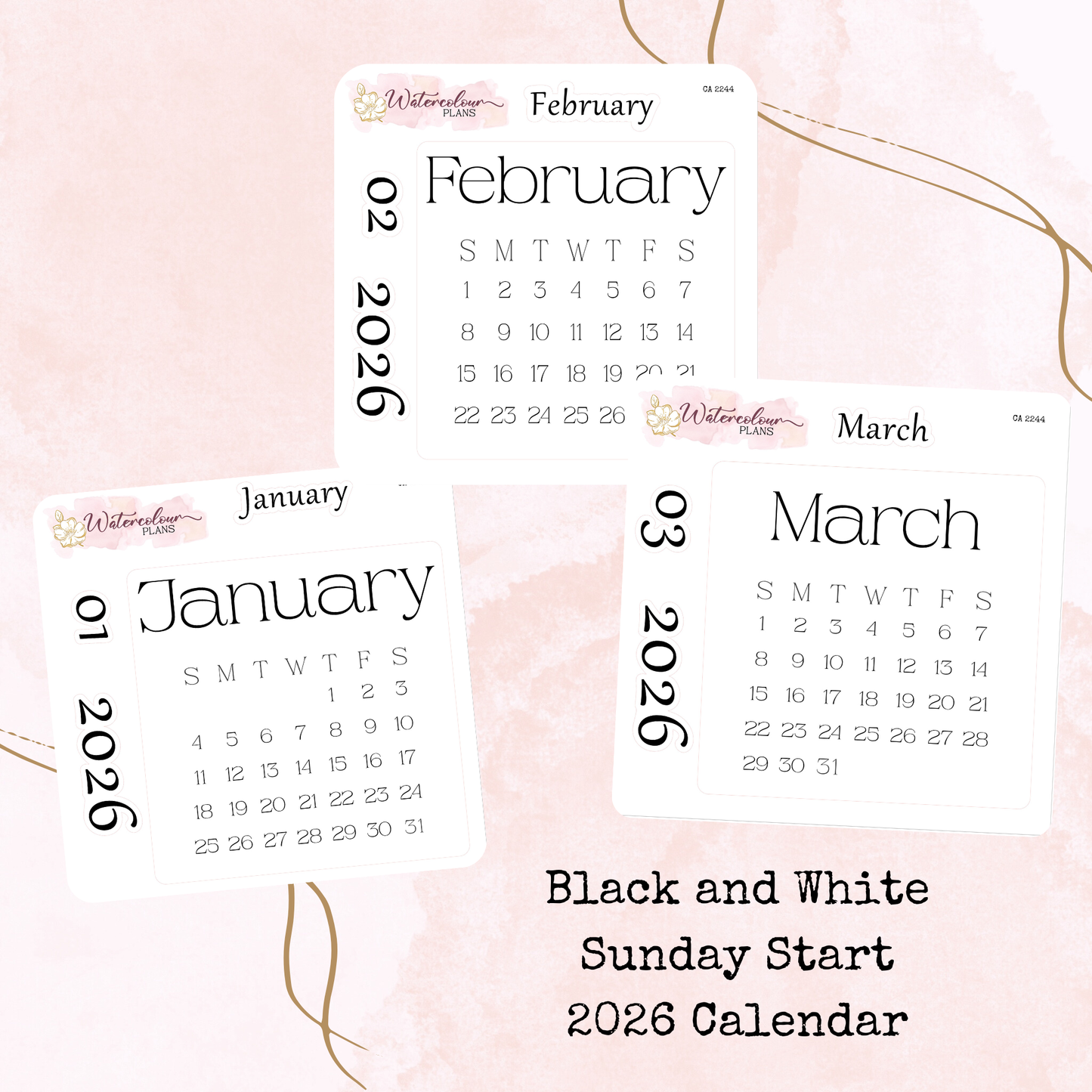 Monthly Calendar 2026 - Sunday Start - Black and White - Planner and Journal Stickers - Stationery