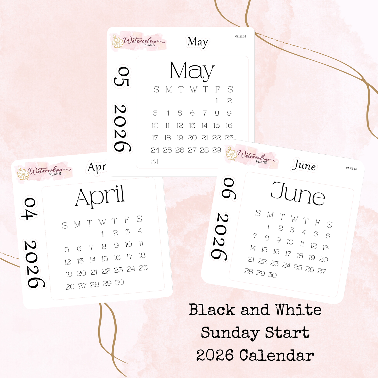 Monthly Calendar 2026 - Sunday Start - Black and White - Planner and Journal Stickers - Stationery