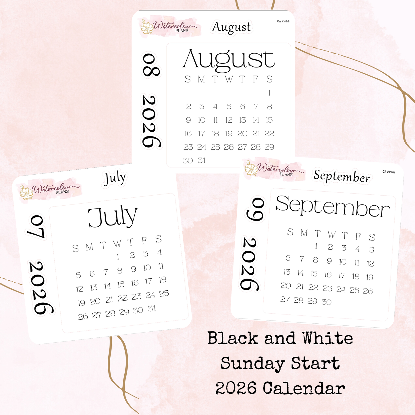 Monthly Calendar 2026 - Sunday Start - Black and White - Planner and Journal Stickers - Stationery