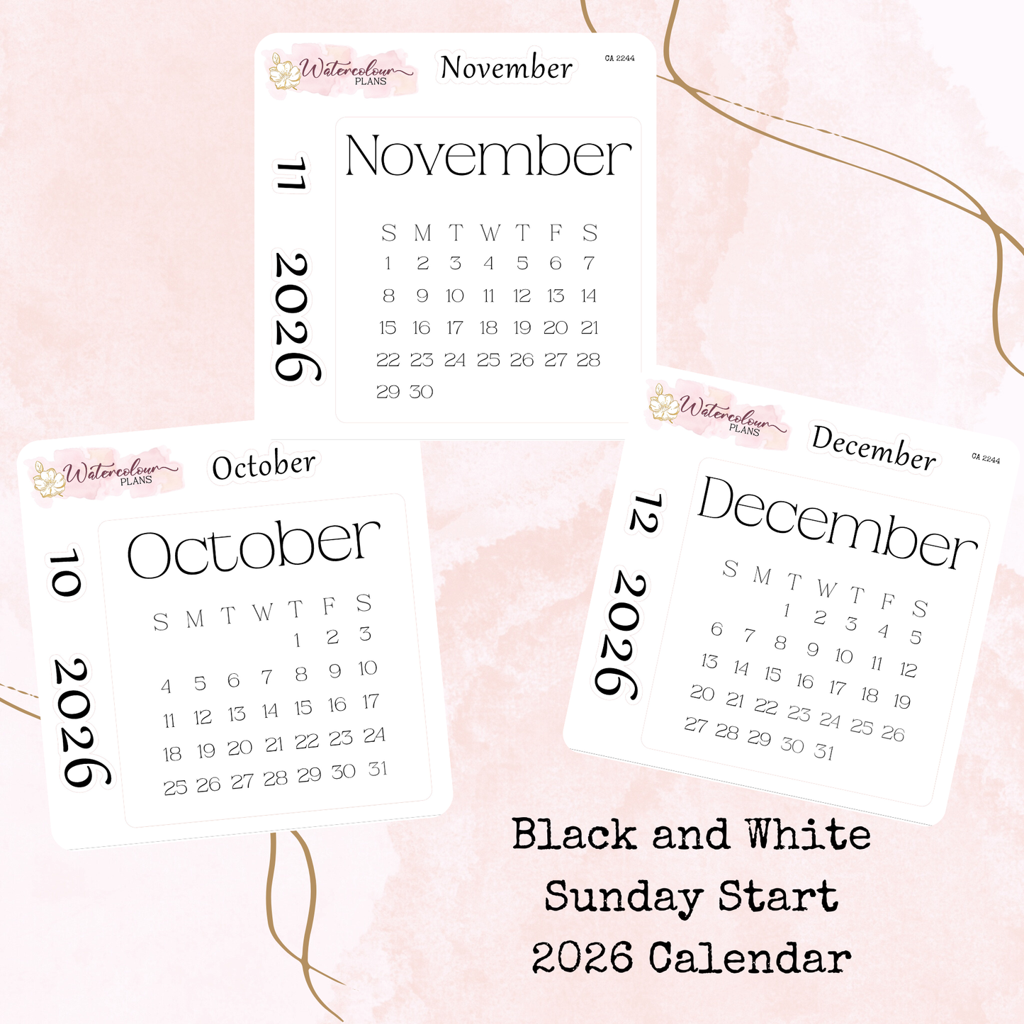 Monthly Calendar 2026 - Sunday Start - Black and White - Planner and Journal Stickers - Stationery
