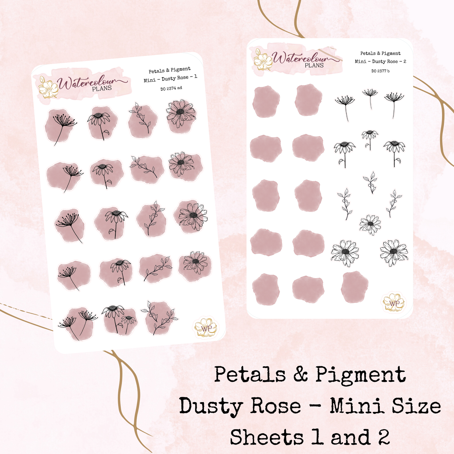 Petals & Pigment - Mini Deco - Dusty Rose - Journal and Planner Stickers - Stationery - Watercolour