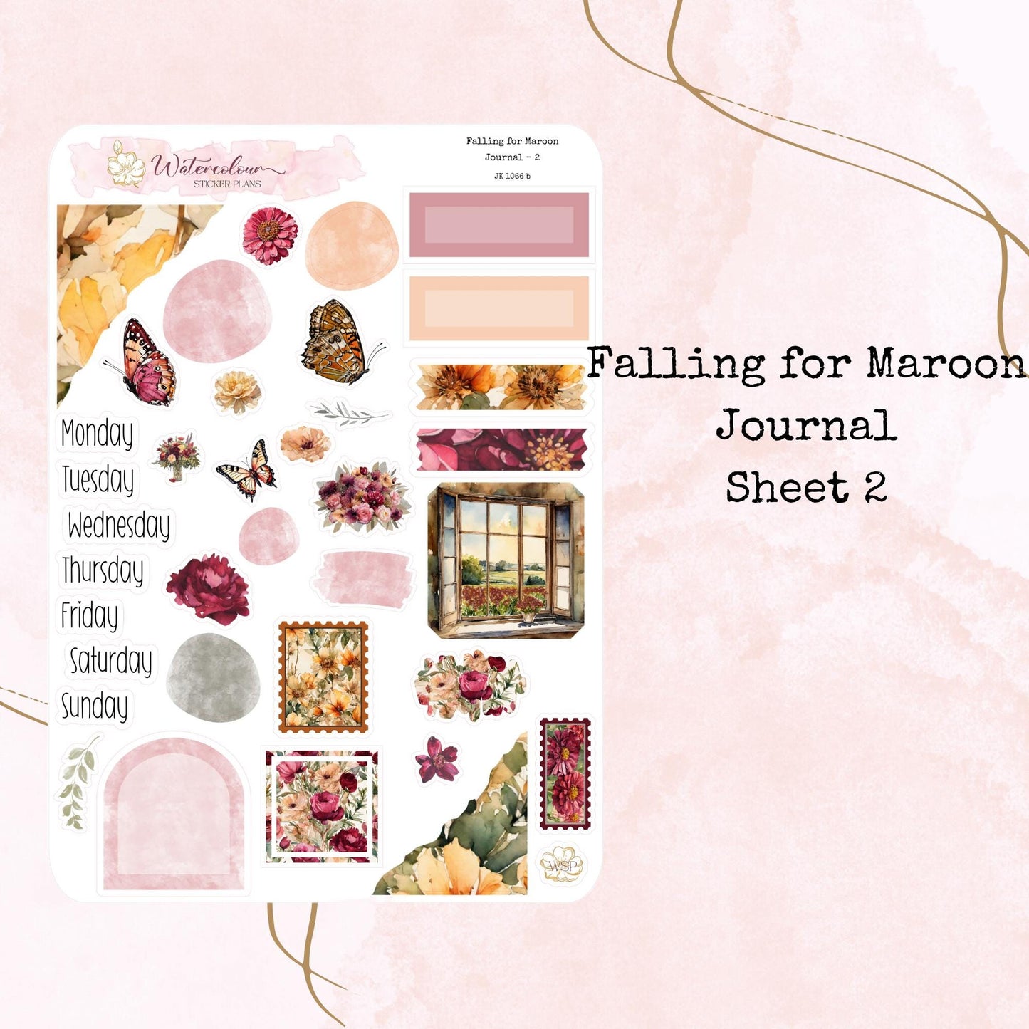 Falling for Maroon - Journal Set - Planner and Journal Stickers - Stationery -Watercolour