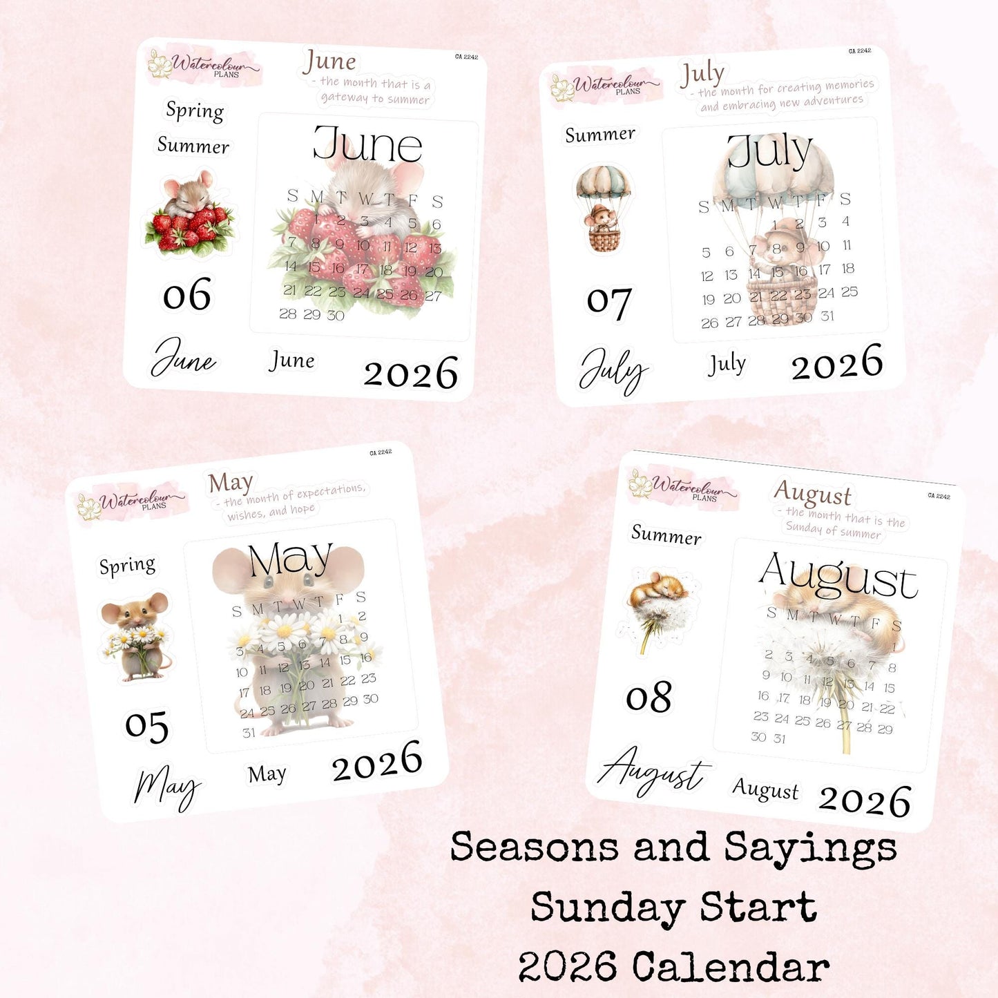 Seasons and Sayings - Monthly Calendar 2026 - Sunday Start - Planner and Journal Stickers - Stationery - Watercolour