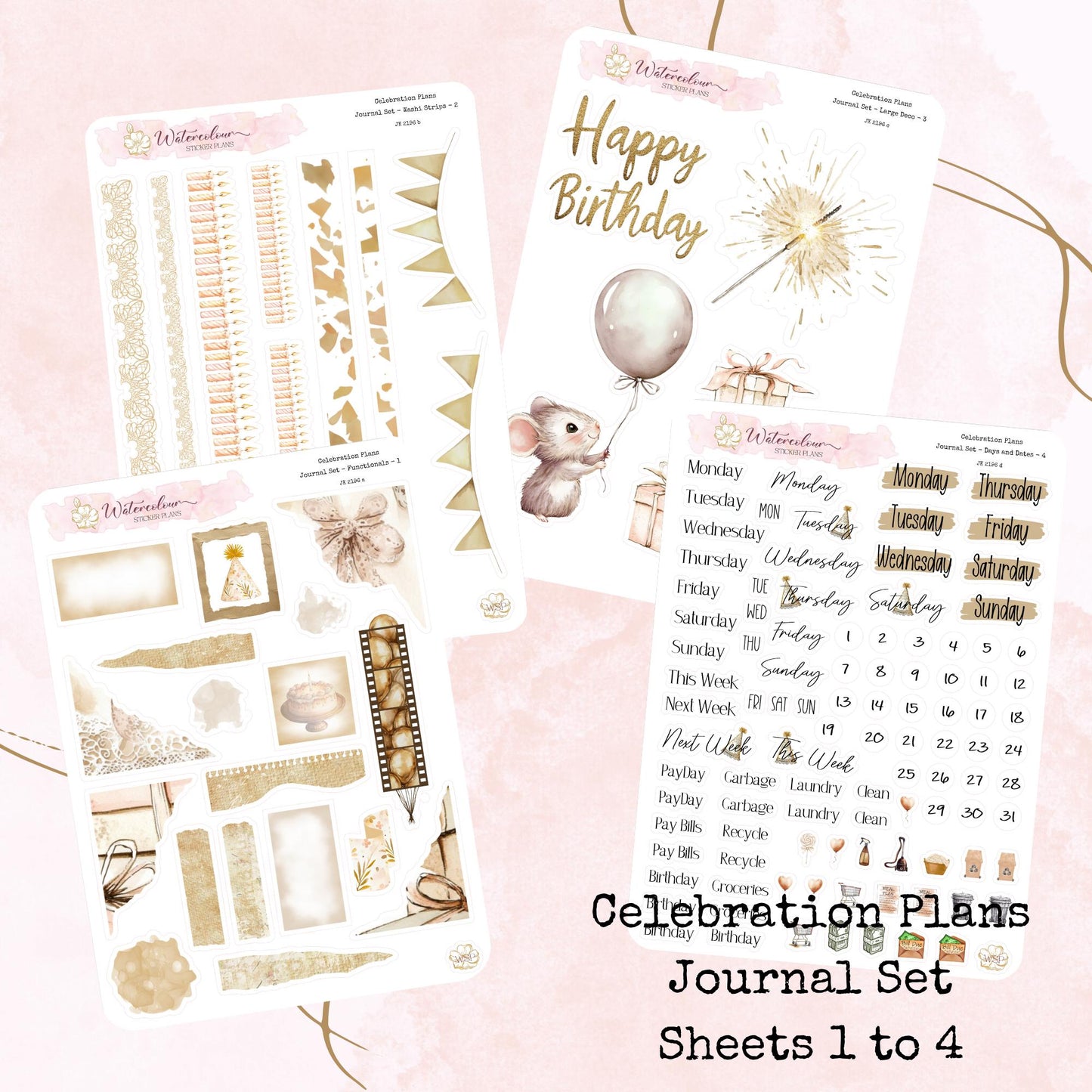Celebration Plans - Journal Set - Neutral Birthday Themed - Planner and Journal Stickers - Stationery - Watercolour