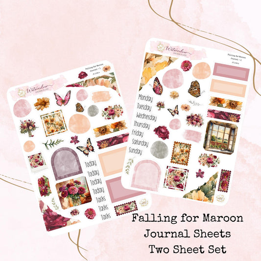 Falling for Maroon - Journal Set - Planner and Journal Stickers - Stationery -Watercolour