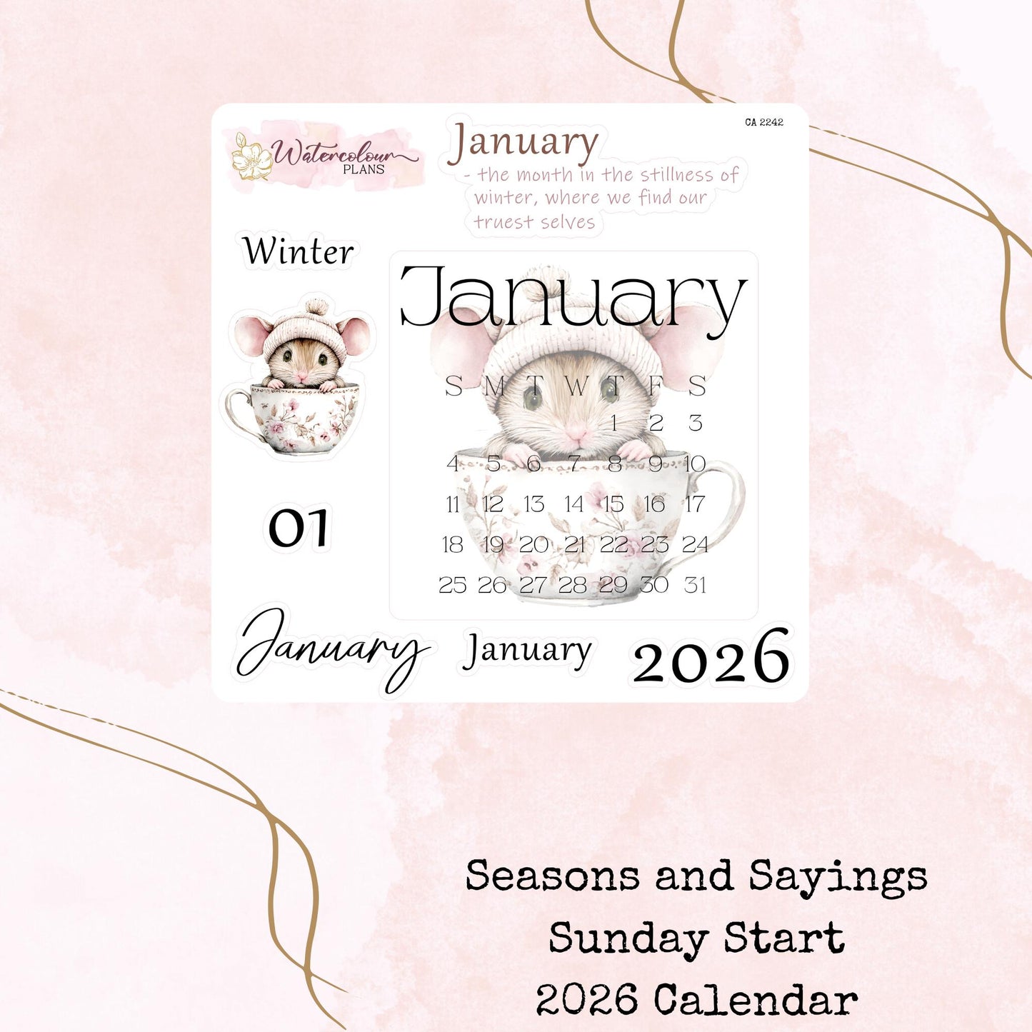 Seasons and Sayings - Monthly Calendar 2026 - Sunday Start - Planner and Journal Stickers - Stationery - Watercolour