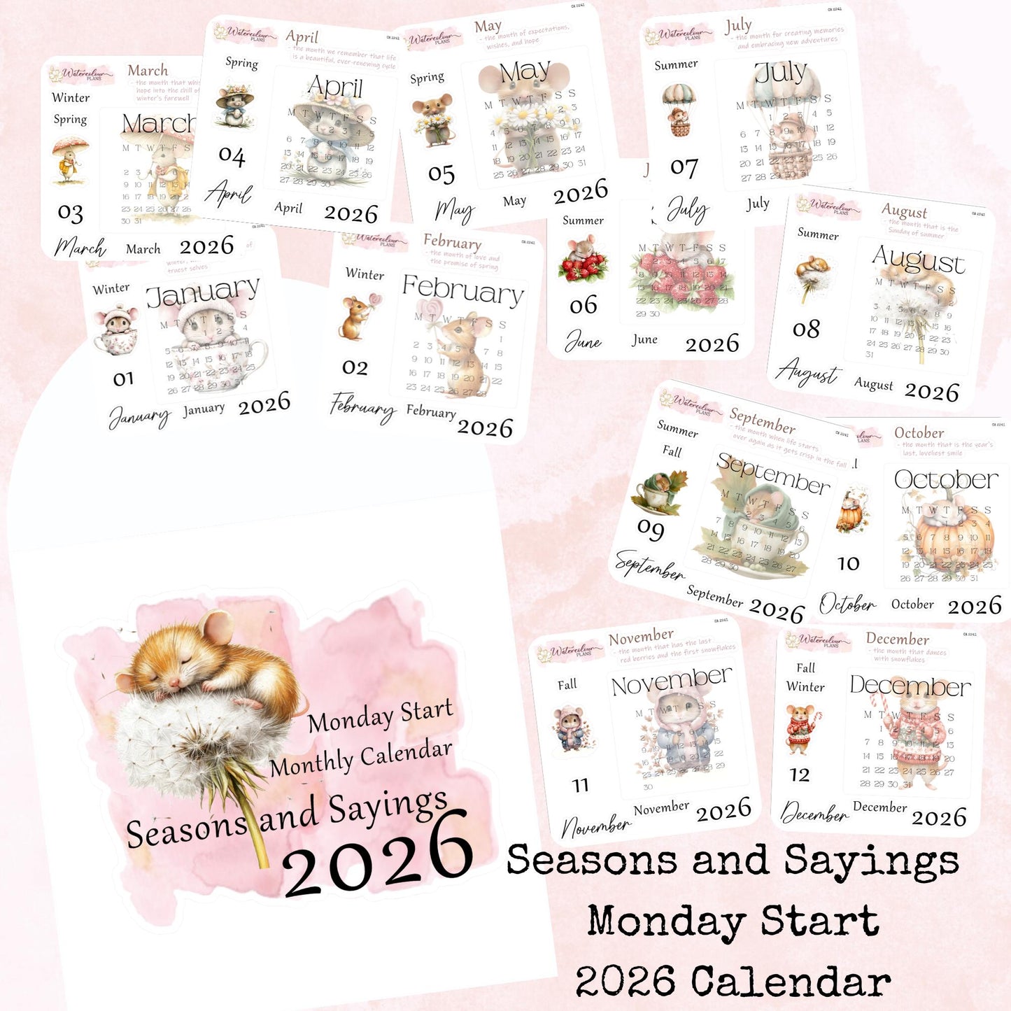 Seasons and Sayings - Monthly Calendar 2026 - Monday Start -Planner and Journal Stickers - Stationery - Watercolour