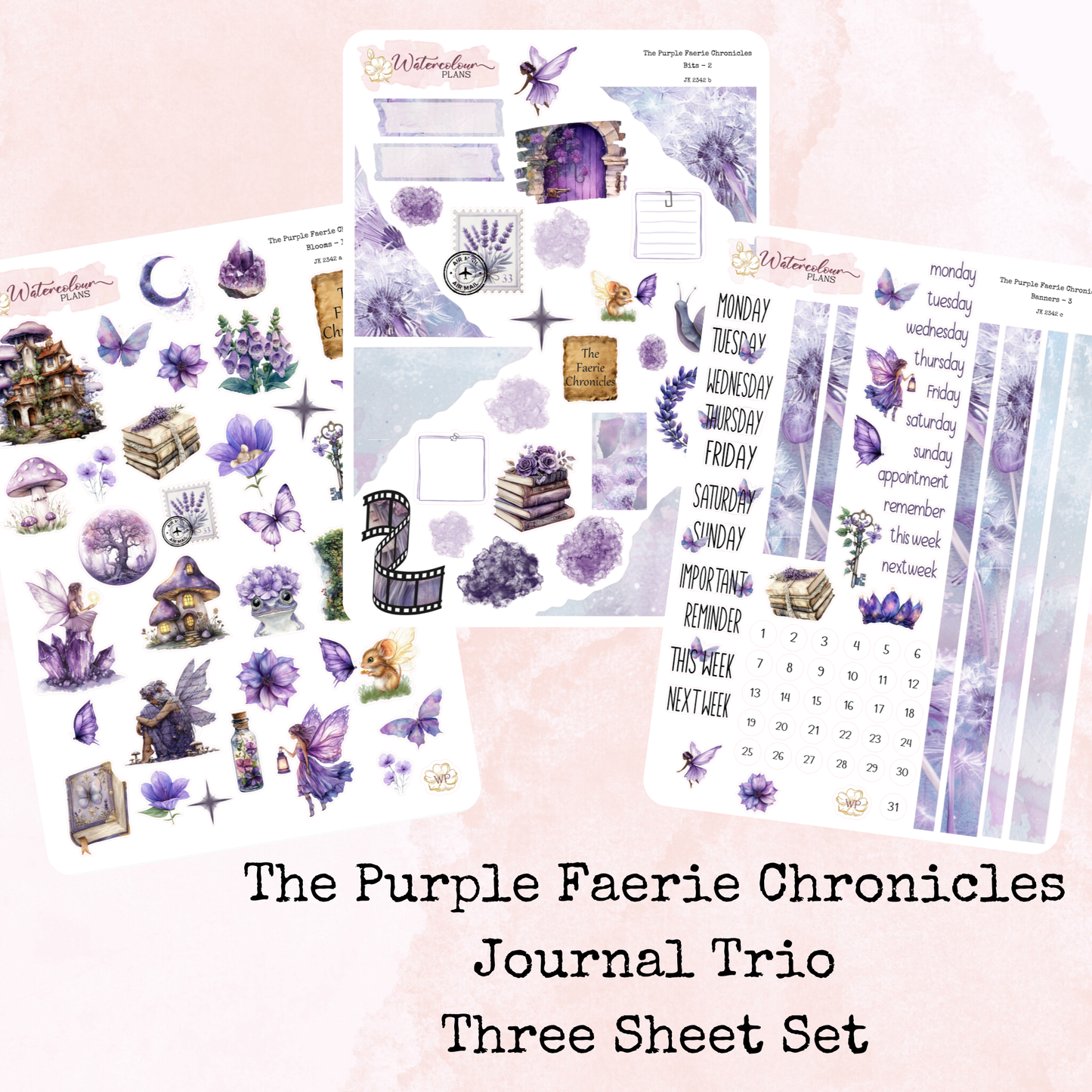 The Purple Faerie Chronicles - Journal Trio - Journal and Planner Stickers - Stationery - Watercolour