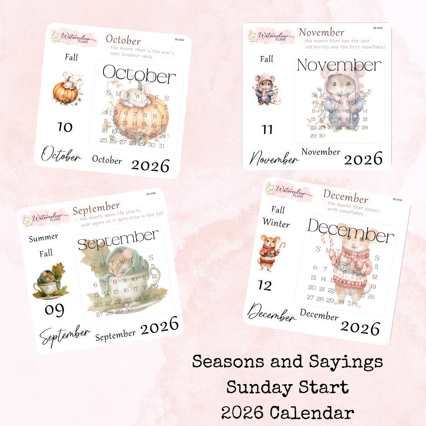Seasons and Sayings - Monthly Calendar 2026 - Sunday Start - Planner and Journal Stickers - Stationery - Watercolour