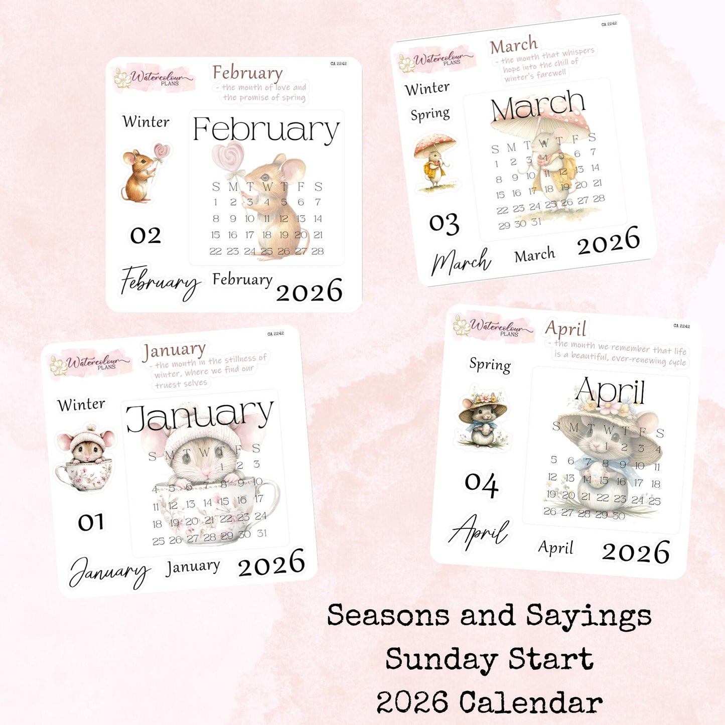 Seasons and Sayings - Monthly Calendar 2026 - Sunday Start - Planner and Journal Stickers - Stationery - Watercolour