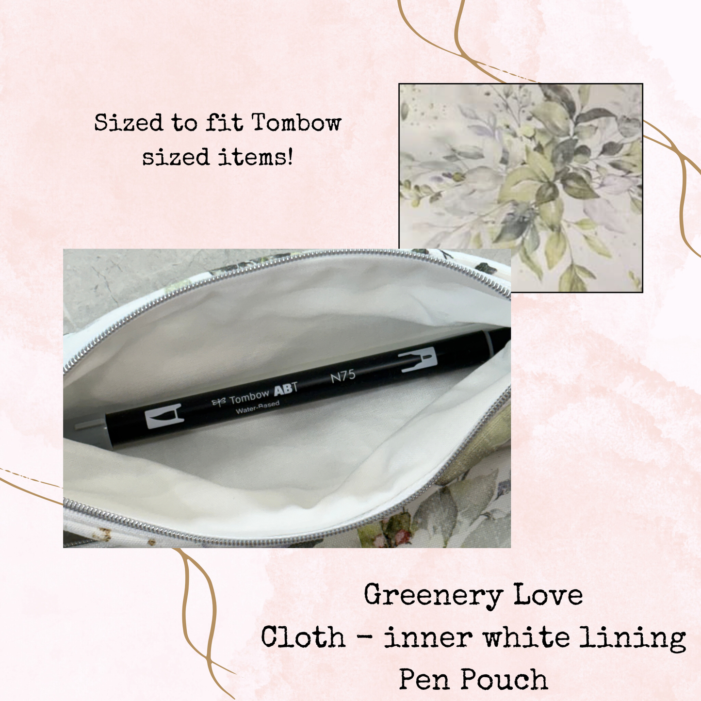 Greenery Love - Pen Pouch - Quilted Cloth Pouch with Lining - Planner Accessories