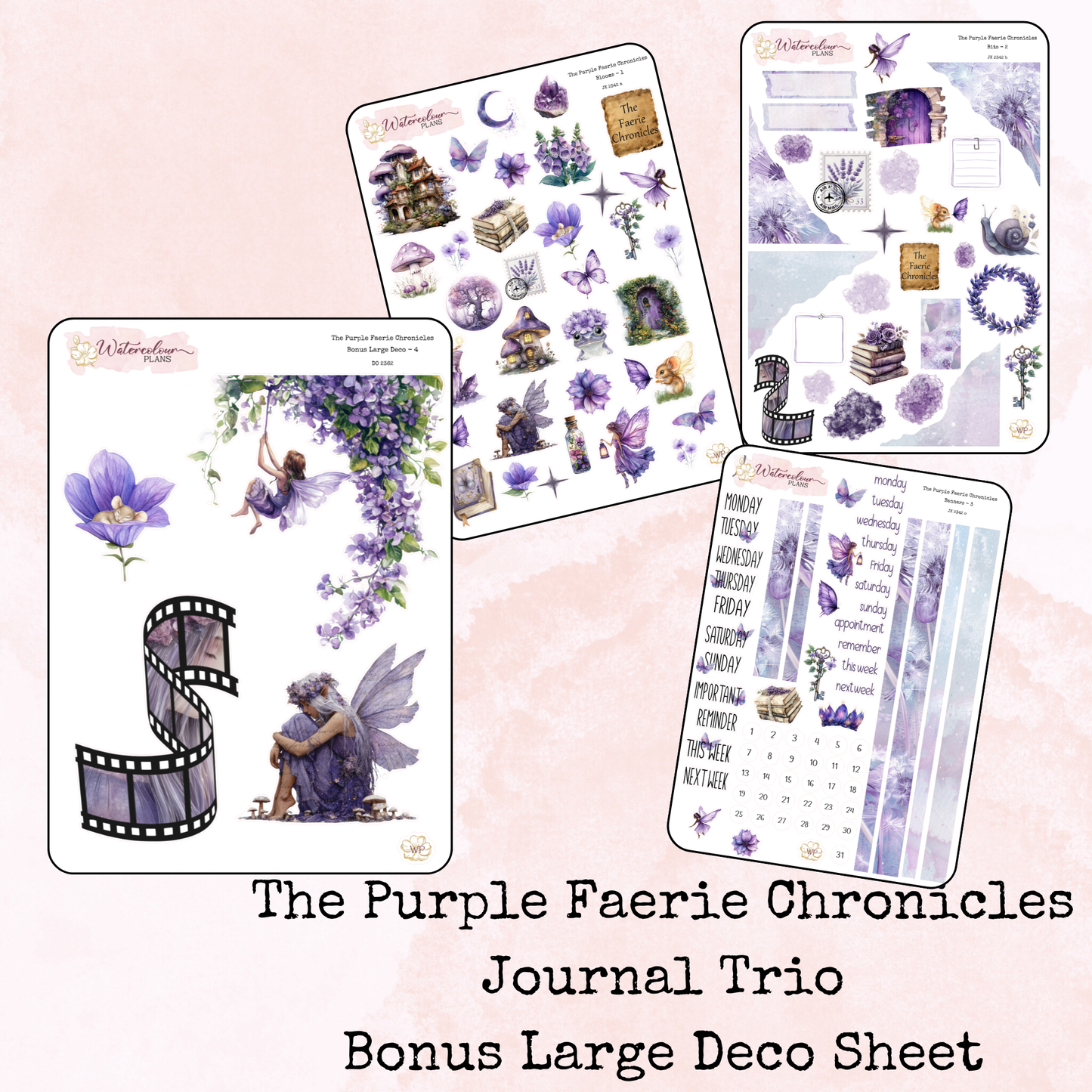 The Purple Faerie Chronicles - Large Deco Stickers - Journal Trio - Planner Stickers - Stationery - Watercolour