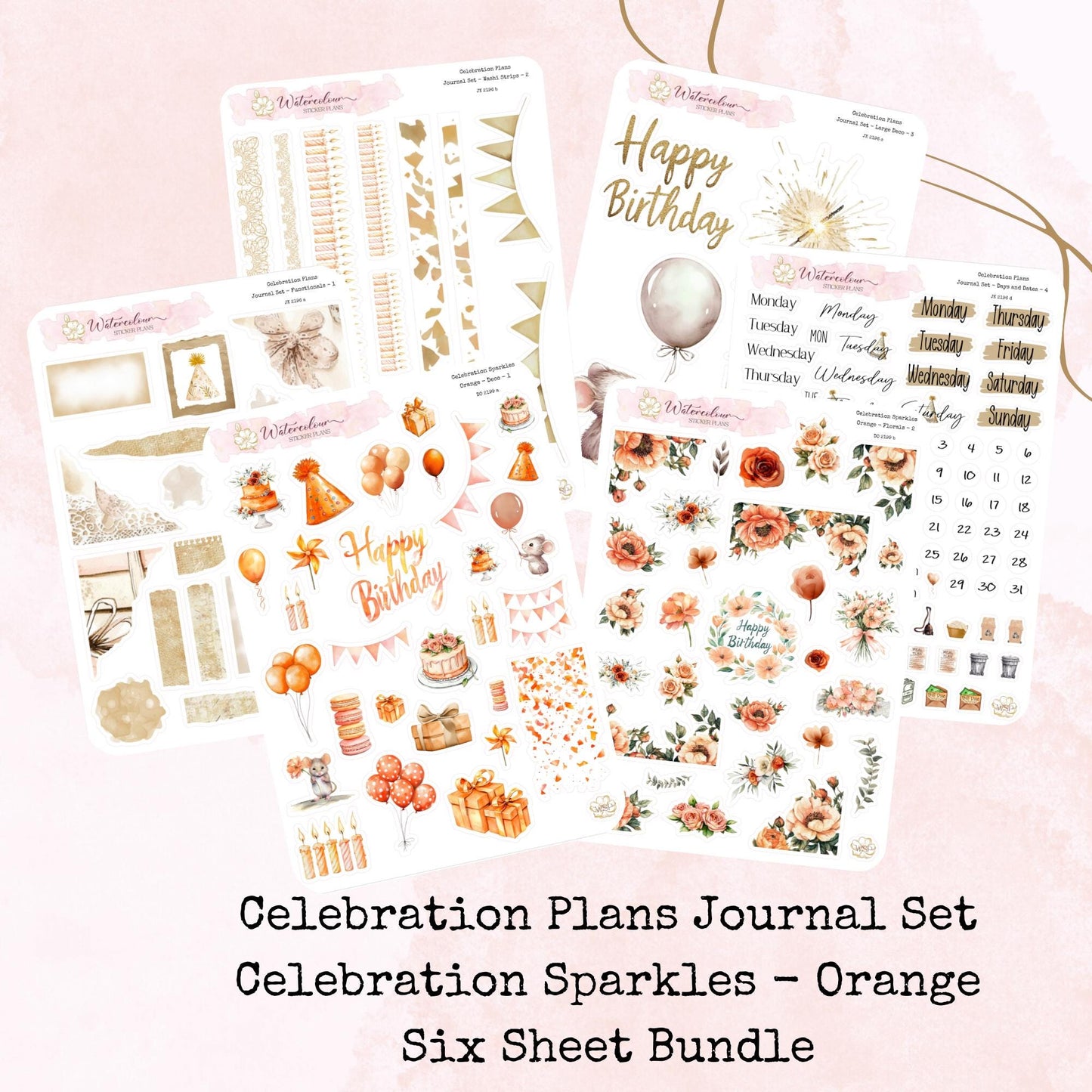 Celebration Plans - Journal Set - Neutral Birthday Themed - Planner and Journal Stickers - Stationery - Watercolour