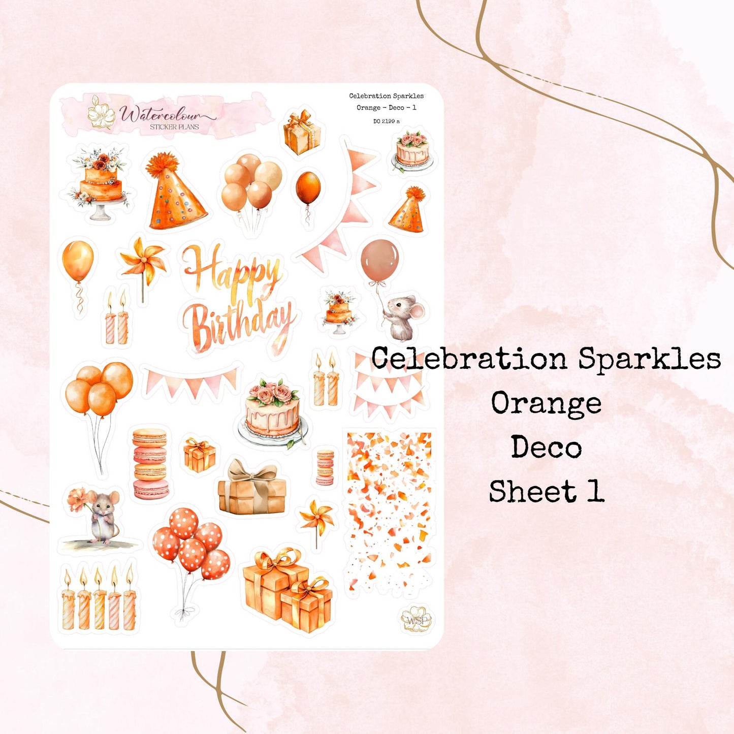 Celebration Sparkles - Orange Birthday Themed - Planner and Journal Stickers - Stationery - Watercolour