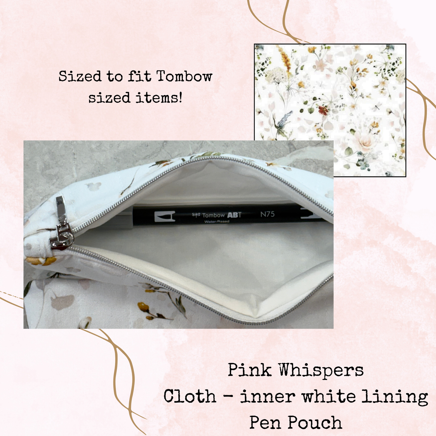 Pink Whispers - Pen Pouch - Quilted Cloth Pouch with Lining - Planner Accessories