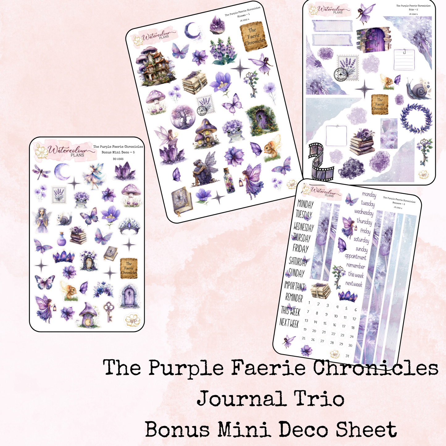 The Purple Faerie Chronicles - Mini Deco Stickers - Journal Trio - Planner Stickers - Stationery - Watercolour