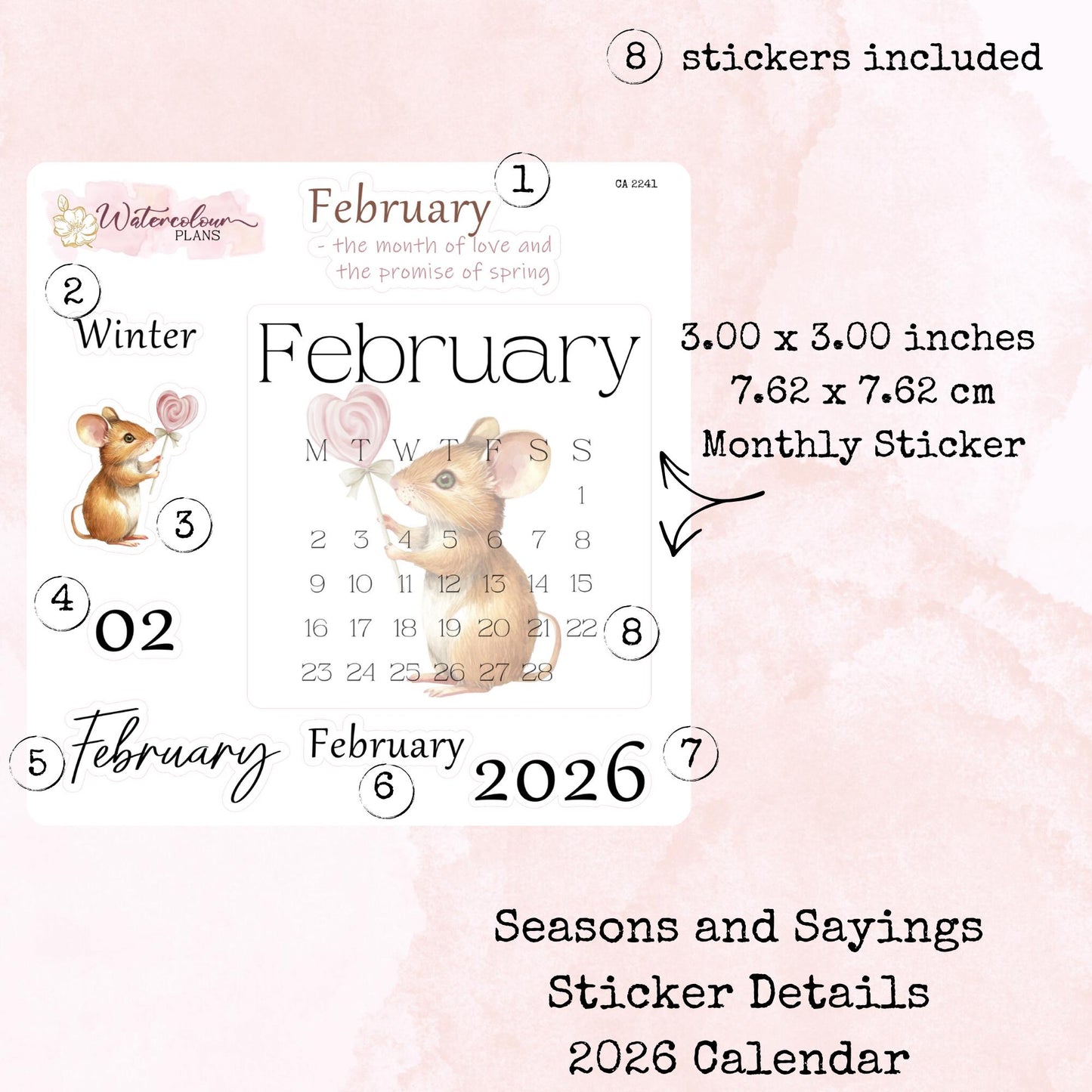 Seasons and Sayings - Monthly Calendar 2026 - Sunday Start - Planner and Journal Stickers - Stationery - Watercolour