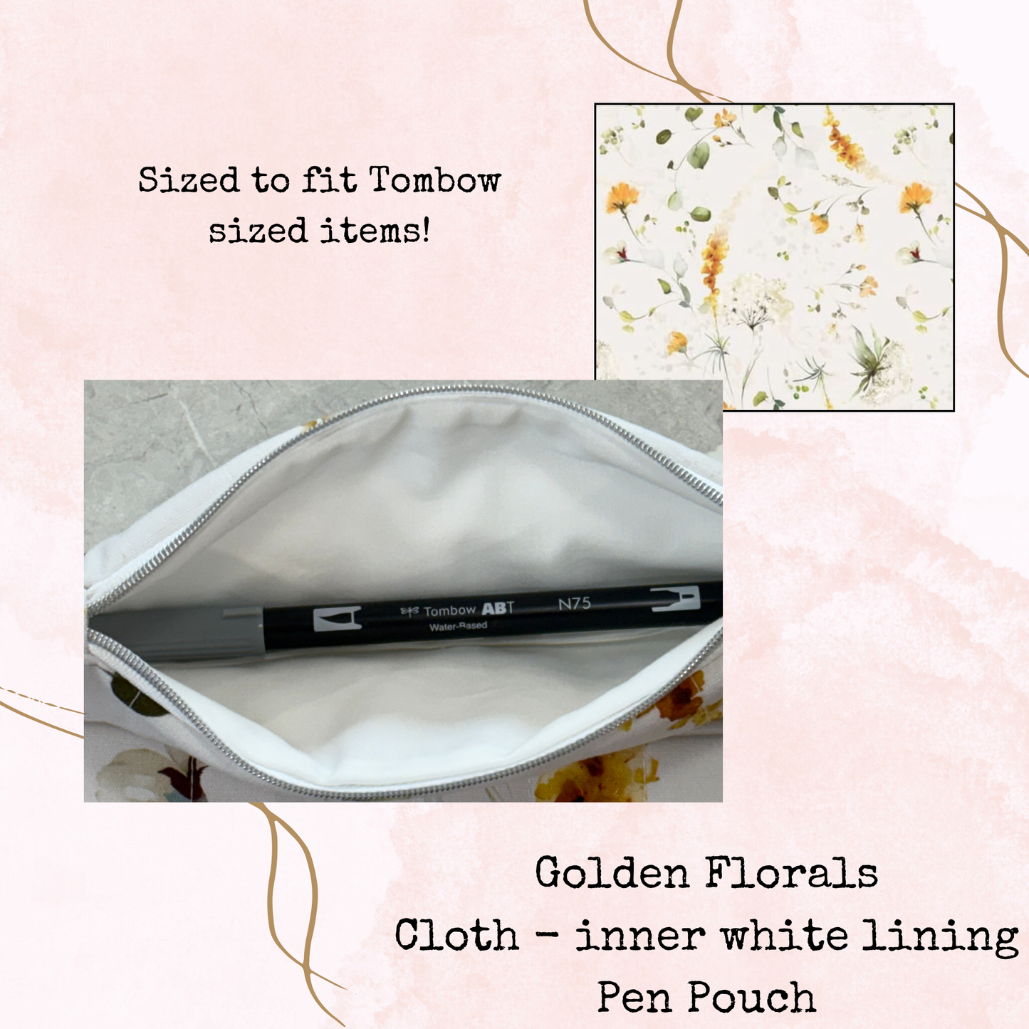 Golden Flowers - Pen Pouch - Quilted Cloth Pouch with Lining - Planner Accessories