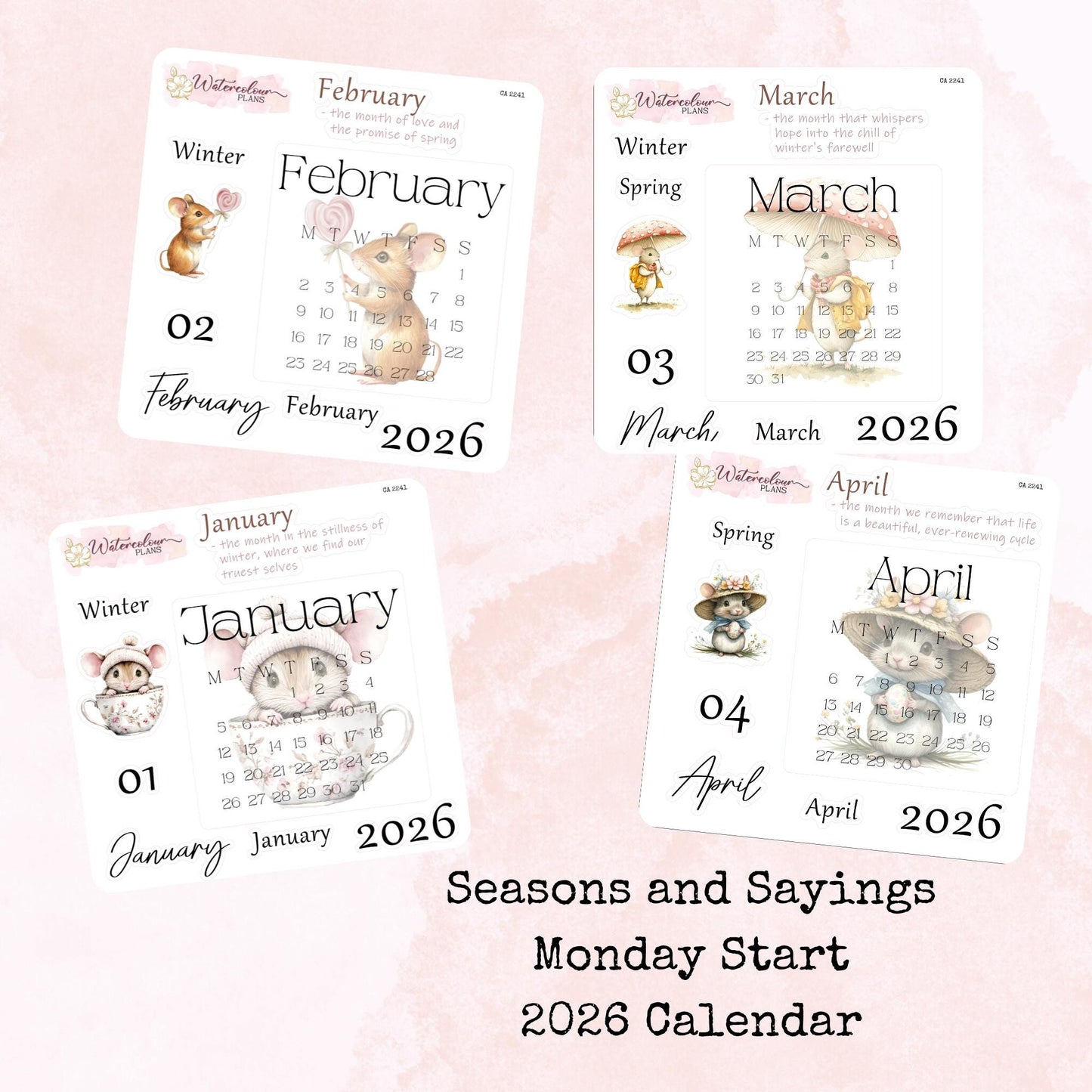 Seasons and Sayings - Monthly Calendar 2026 - Monday Start -Planner and Journal Stickers - Stationery - Watercolour
