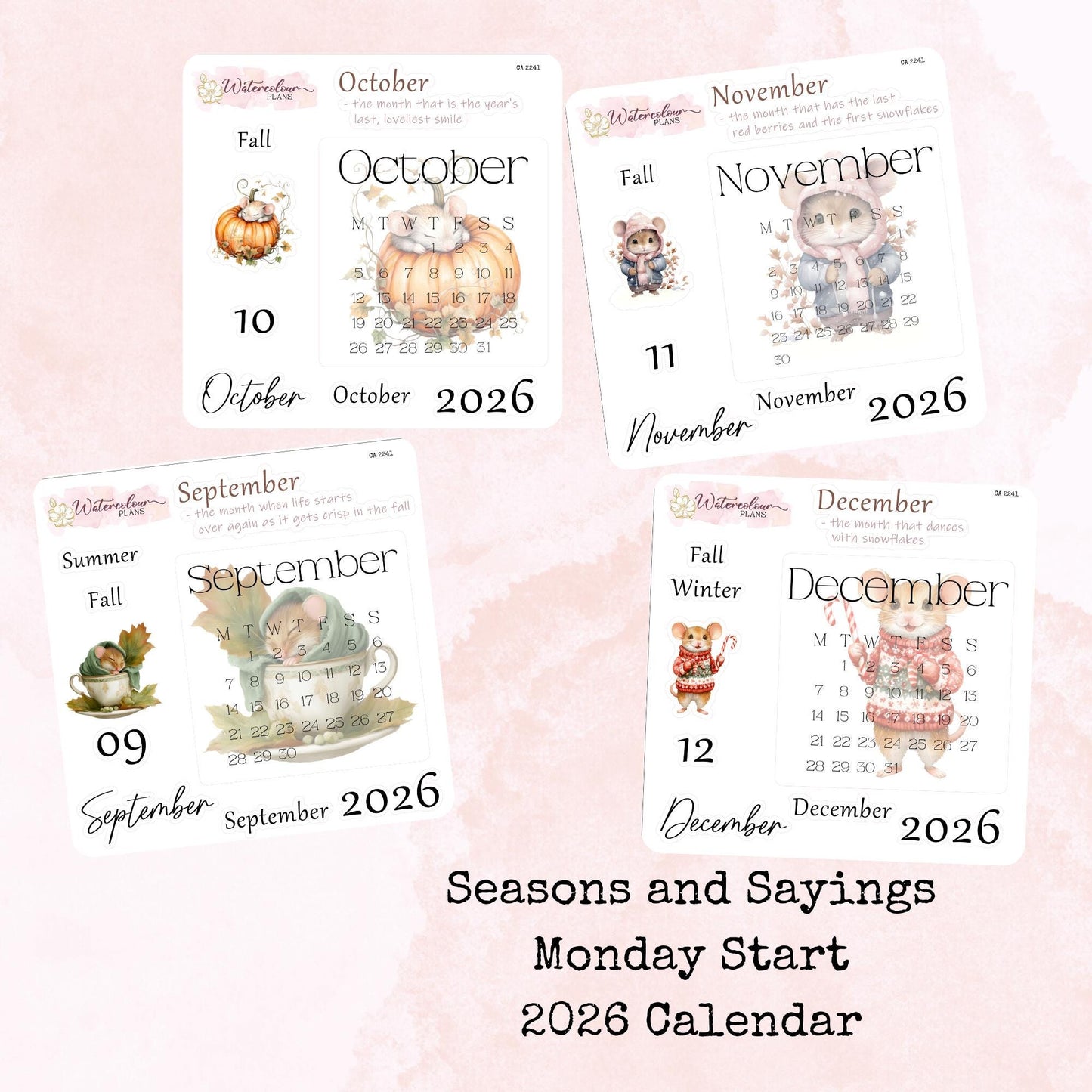 Seasons and Sayings - Monthly Calendar 2026 - Monday Start -Planner and Journal Stickers - Stationery - Watercolour