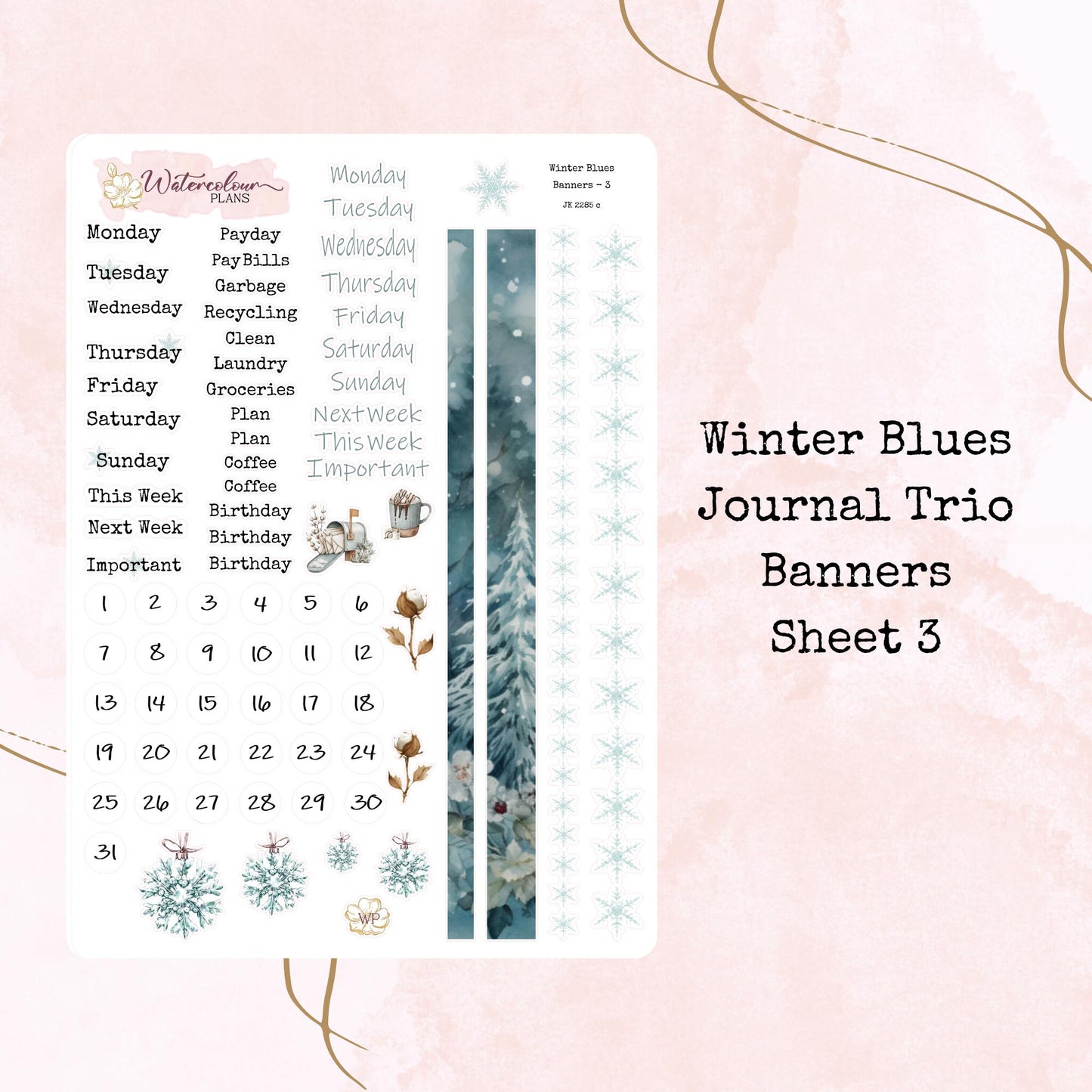 Winter Blues - Journal Trio - Planner and Journal Stickers - Stationery - Watercolour