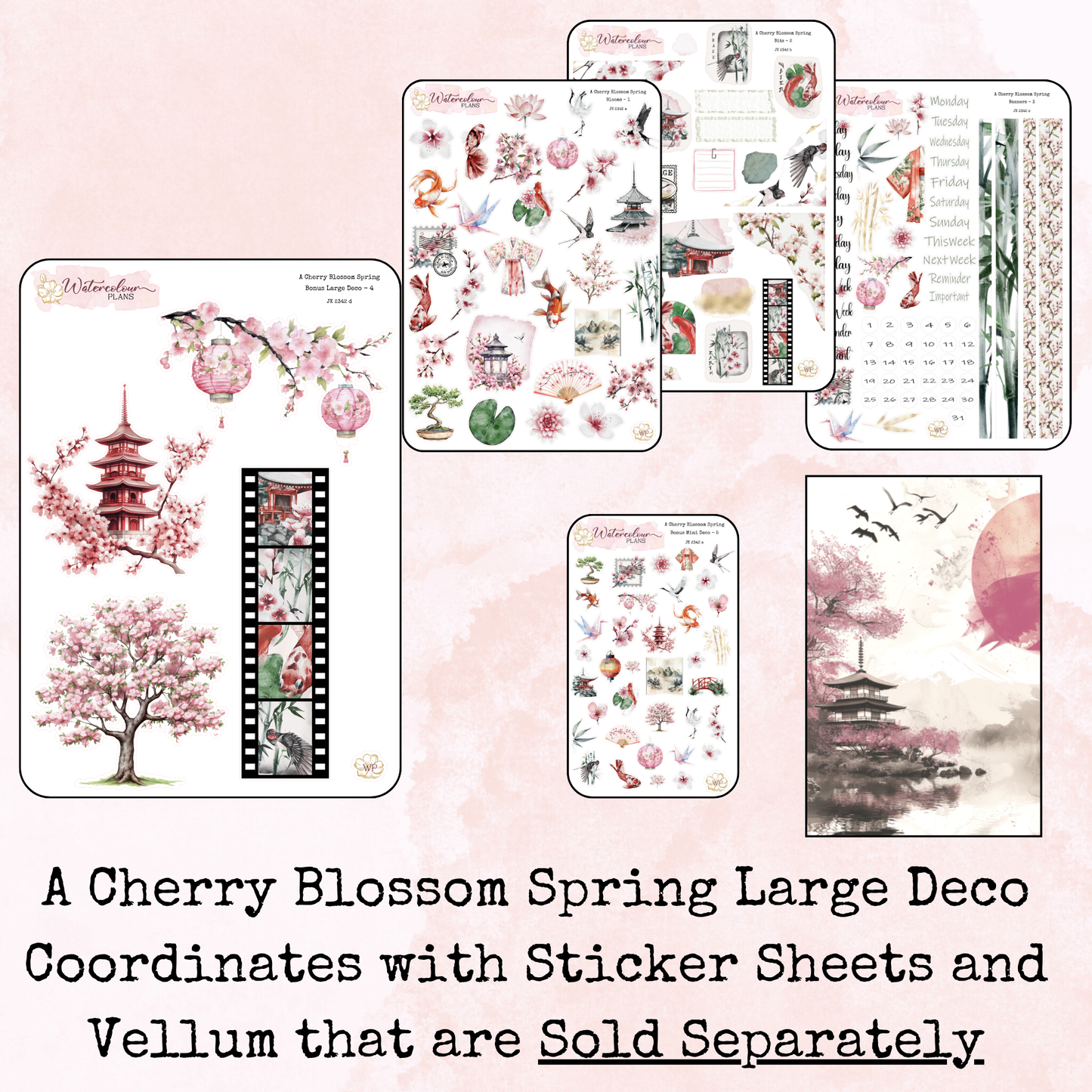 A Cherry Blossom Spring - Large Deco Stickers - Journal Trio - Planner Stickers - Stationery - Watercolour