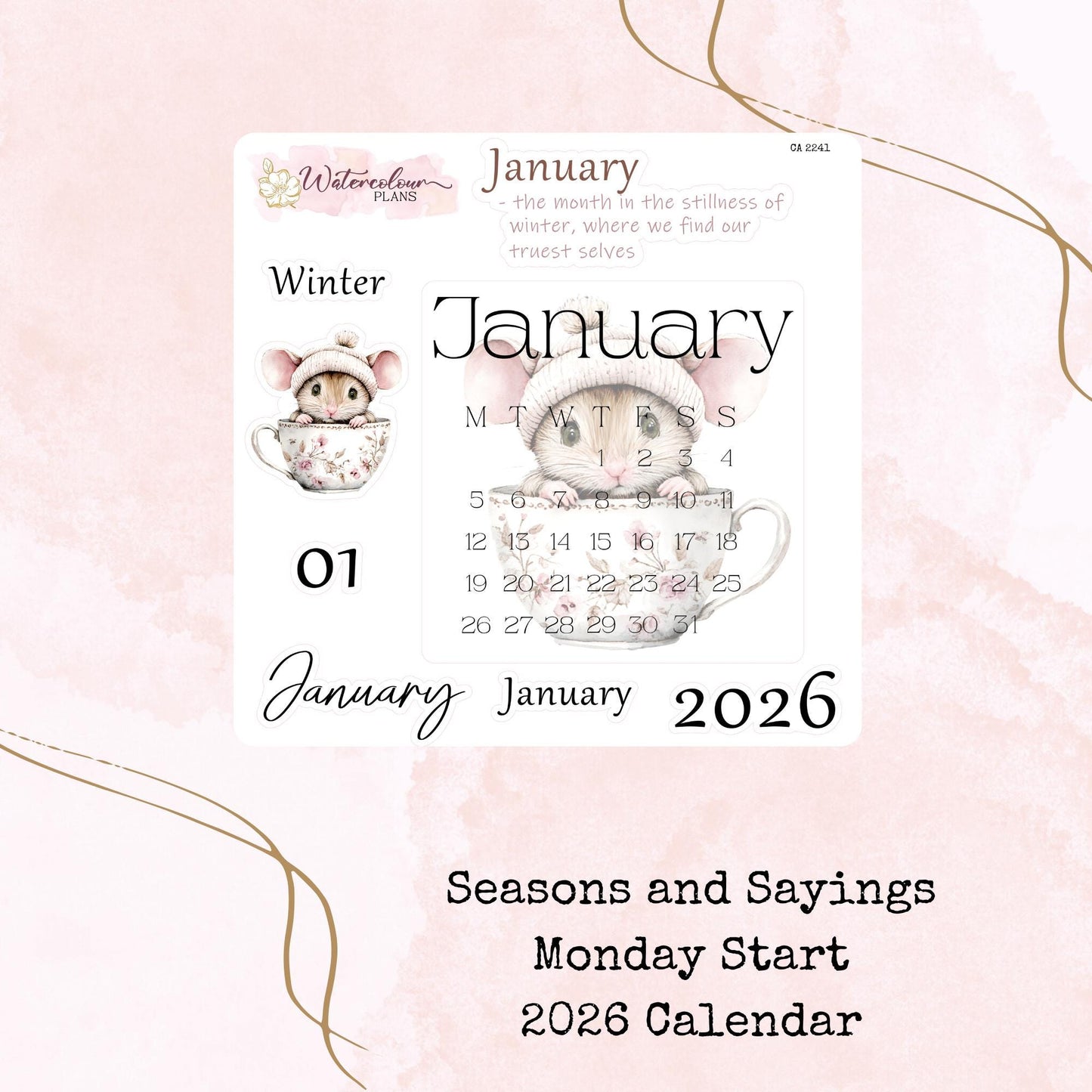 Seasons and Sayings - Monthly Calendar 2026 - Monday Start -Planner and Journal Stickers - Stationery - Watercolour