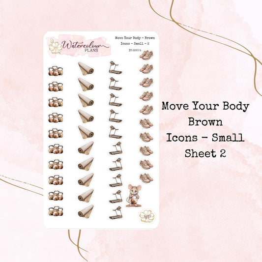 Move Your Body Icons - Brown - Two Sizes - Planner and Journal Stickers - Stationery - Watercolour