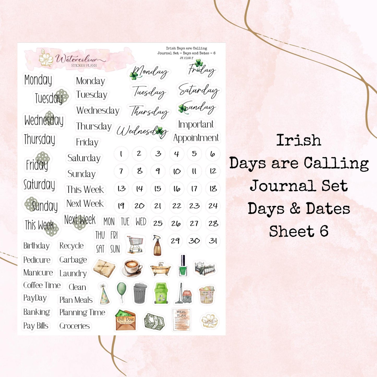 Irish Days are Calling - 6 Sheet Journal Set - Planner and Journal Stickers - Stationery - Watercolour