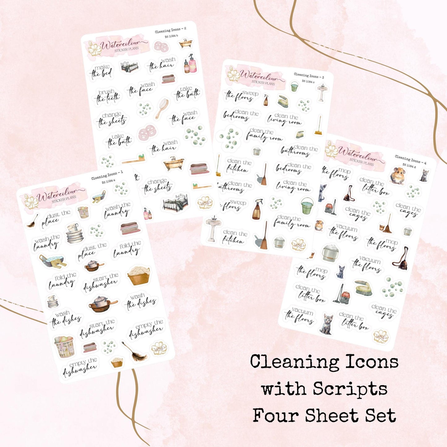 Cleaning Icons - Scripts - Planner and Journal Stickers - Stationery - Watercolour