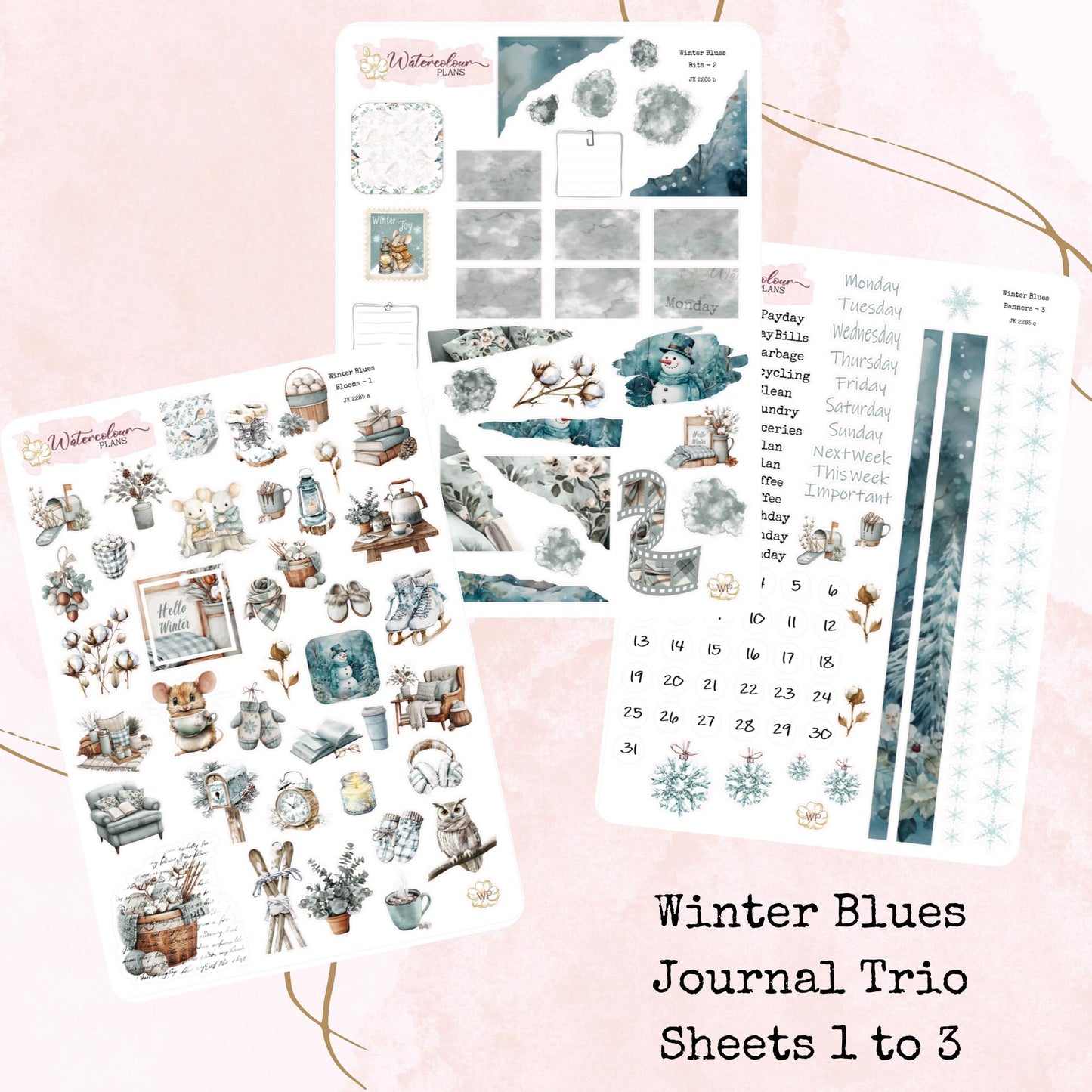 Winter Blues - Journal Trio - Planner and Journal Stickers - Stationery - Watercolour