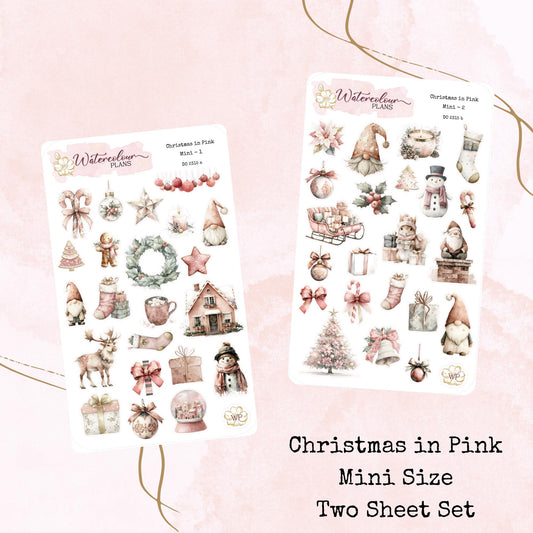 Christmas in Pink - Mini Size - Planner and Journal Stickers - Stationery - Watercolour
