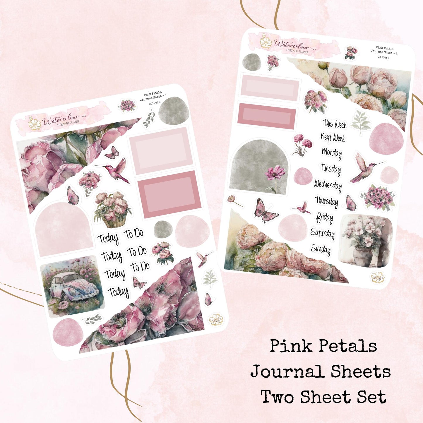 Pink Petals - Journal Set - Planner and Journal Stickers - Stationery - Watercolour