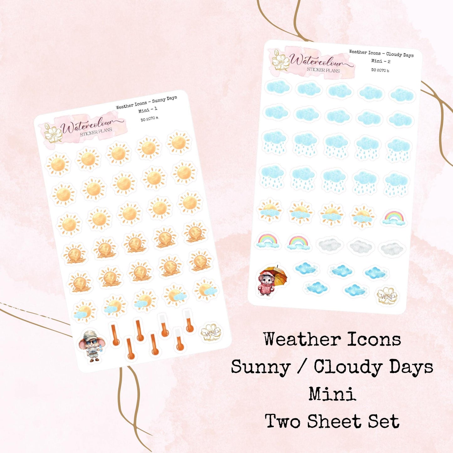 Weather Icons - Sunny and Cloudy Days - Mini Size - Planner and Journal Stickers - Stationery - Watercolour