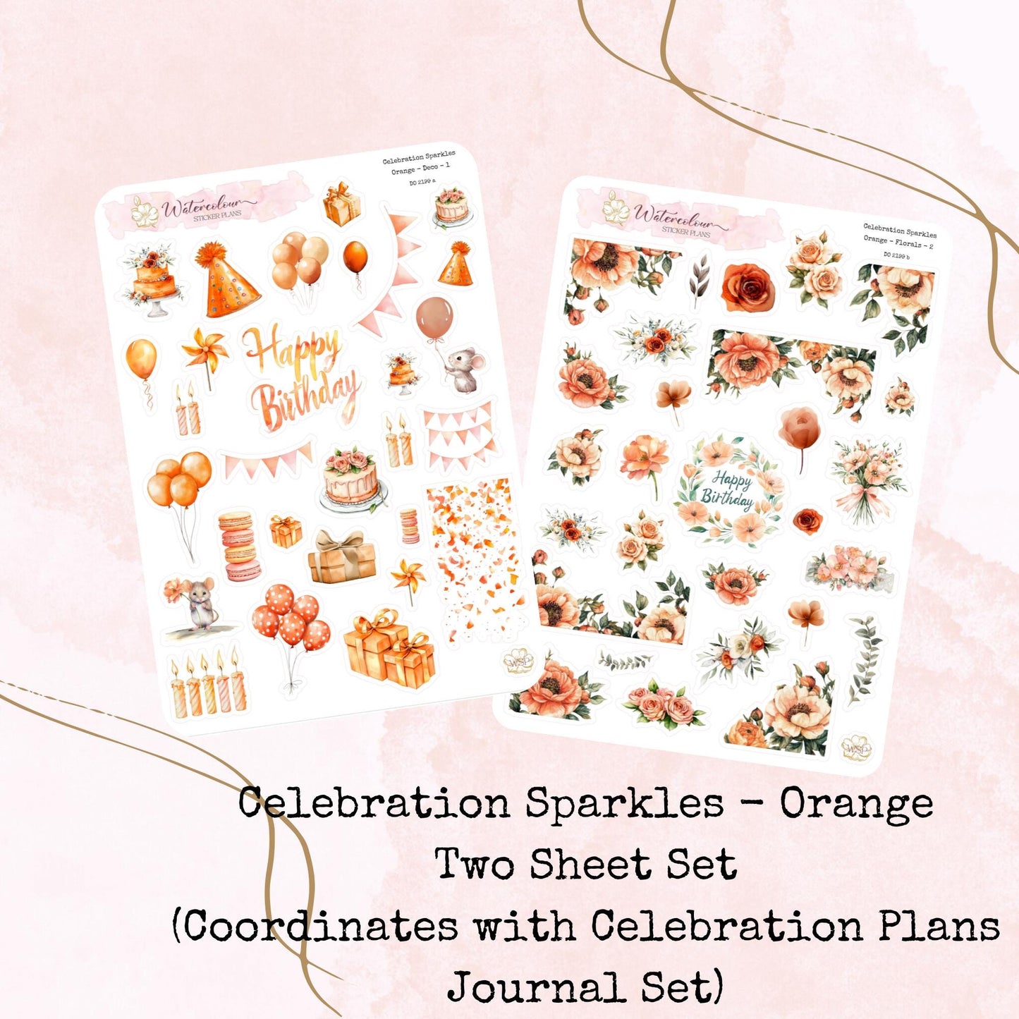 Celebration Sparkles - Orange Birthday Themed - Planner and Journal Stickers - Stationery - Watercolour