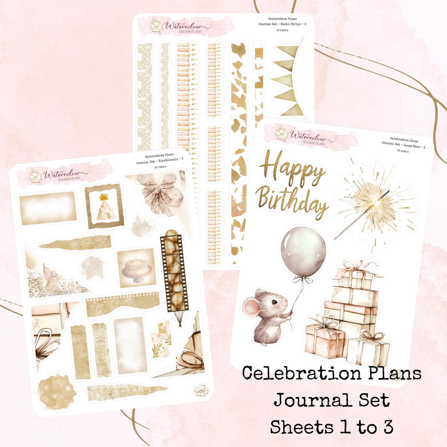 Celebration Plans - Journal Set - Neutral Birthday Themed - Planner and Journal Stickers - Stationery - Watercolour