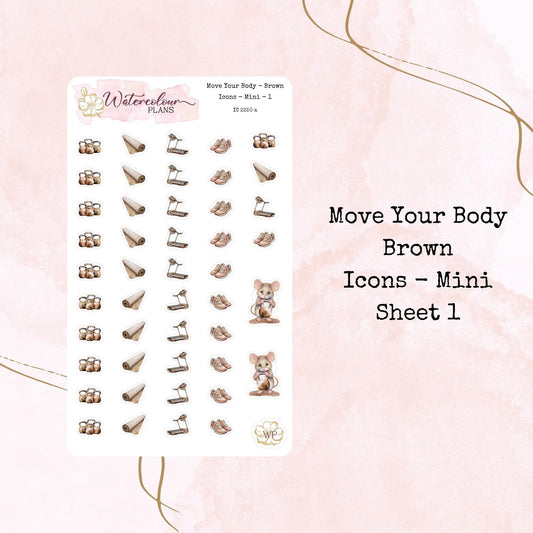 Move Your Body Icons - Brown - Two Sizes - Planner and Journal Stickers - Stationery - Watercolour