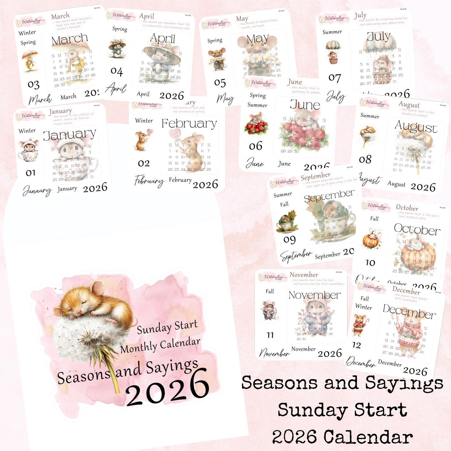 Seasons and Sayings - Monthly Calendar 2026 - Sunday Start - Planner and Journal Stickers - Stationery - Watercolour
