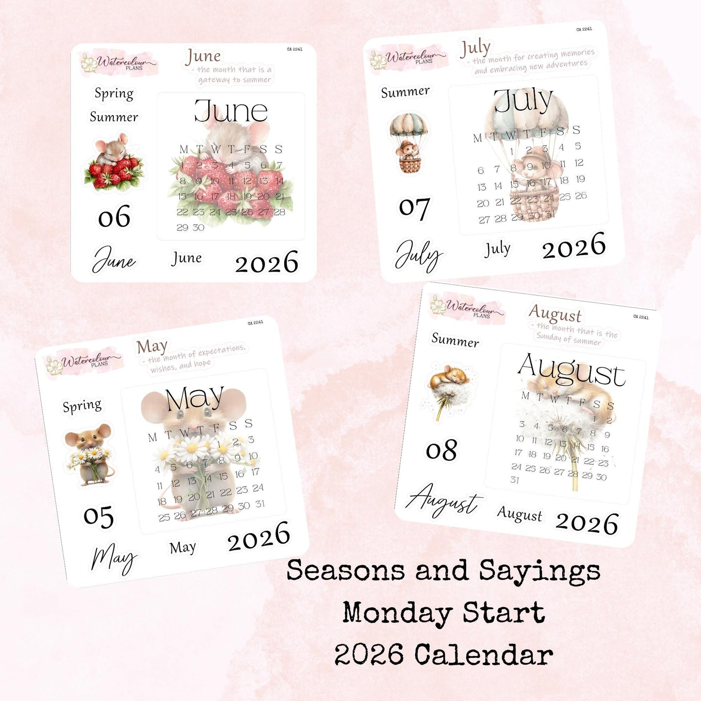 Seasons and Sayings - Monthly Calendar 2026 - Monday Start -Planner and Journal Stickers - Stationery - Watercolour