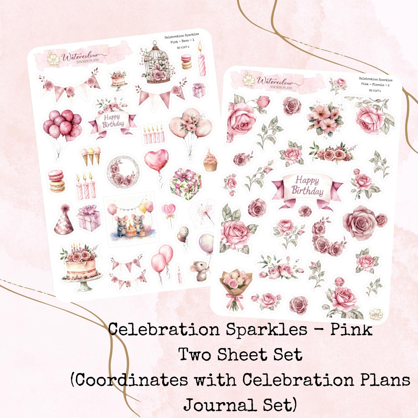 Celebration Sparkles - Pink Birthday Themed - Planner and Journal Stickers - Stationery - Watercolour