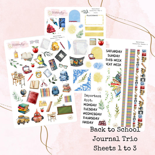 Back to School - Journal Trio - Planner and Journal Stickers - Stationery - Watercolour