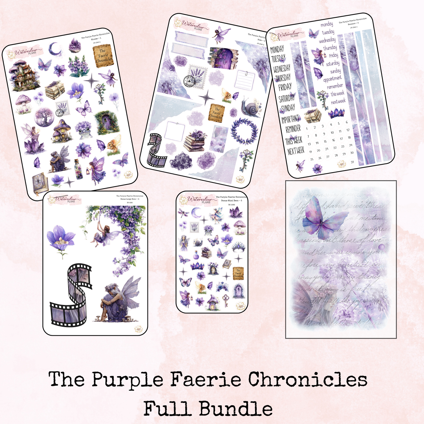 The Purple Faerie Chronicles - Large Deco Stickers - Journal Trio - Planner Stickers - Stationery - Watercolour